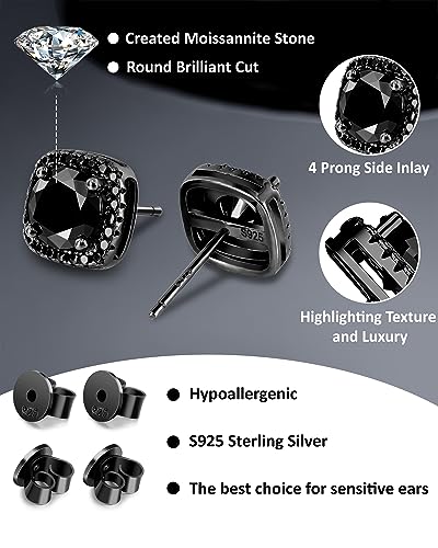 Black Moissanite Halo Stud Earrings for Men, VVS1 D Color Round Cut, Hypoallergenic 18K Black Plated Solid 925 Sterling Silver Earrings Jewelry Gifts for Men Women4