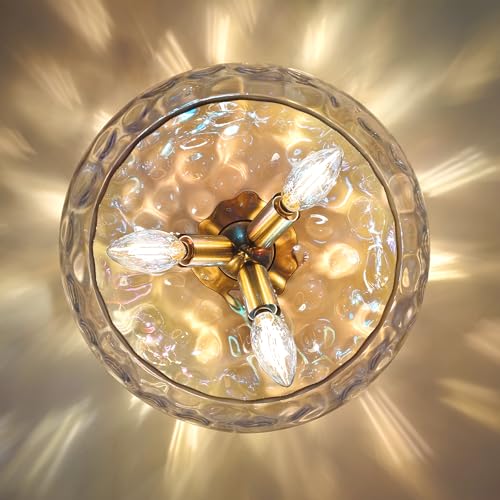 Image of 12 inch Vintage Rainbow Glass Ceiling Light, Mid Century 3-Light Semi Flush Mount Fixture, Modern Hammered Gold Lighting for Girls Bedroom, Hallway, Kitchen, Living Room
