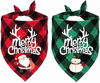 STMK 2 Pack Christmas Plaid Dog Bandanas, Merry Christmas Santa Snowman Holiday Plaid Dog Bandanas for Small Medium Dog Christmas Costume Decorations (Red & Green, Santa & Snowman)