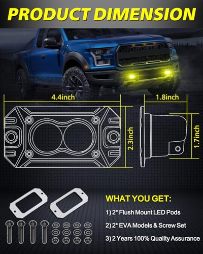 Image of Yellow Flush Mount LED Pods, AKD Part Spot CREE LED Flush Mount Fog Lights 40W Yellow Chase Lights Bumper Driving Backup Reverse Light Pods for Trucks Pickup SUV UTV ATV Snowmobile