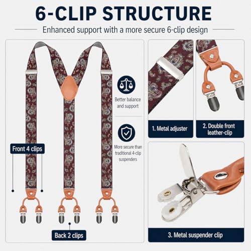 Image of Men's Heavy Duty Y-Back Suspenders, 6 Strong Metal Clips Adjustable Elastic Straps for Work, Tuxedos, and Daily Wear