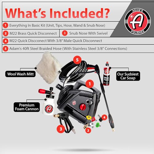 Adam's Polishes Compact Pressure Washer Upgrade Complete Kit - Powerful, Lightweight, Portable Electric Pressure Washer Sprayer Max 1500 PSI, 1.2 GPM for Car Home Auto Patio RV Motorcycle & Garage