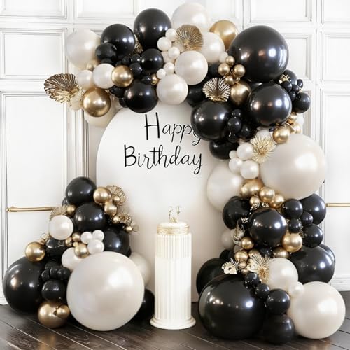 Blocesa Black and Gold Balloon Arch Kit Double Stuffed 129 Pcs Gold and Black Balloons Garland with Black Pearl White Sand Ivory Chrome Gold Balloons for Wedding Birthday Event New Years Party Decor