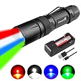 ultrafire 18650 akku 🔦 Die Taschenlampe besteht aus strapazierfähigem Aluminiumlegierungsmaterial und hat die wasserdichte IPX 5-Funktion. Einstellbarer Fokusbereich für unterschiedliche Verwendung. Mit 5 anpassbaren Einstellungen: Weiß / Blau / Grün / Rot / Rot-Blitz.