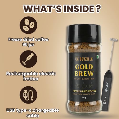 Image of Bevzilla Gold Brew Instant Freeze-Dried Coffee Powder 95g Jar with Rechargeable Frother | Best for Espresso, Cappuccino & Iced Coffee
