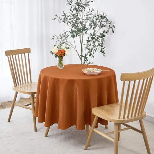 Image of maxmill Round Tablecloth Weaved Pattern Spill-Proof Wrinkle Free Soft Jacquard Table Cloth for Circular Table Cover, for Dining Room Fall Harvest Thanksgiving Parties Holiday Dinner, 90 Inch, Rust