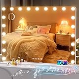Hasipu Vanity Mirror with Lights and Bluetooth Speaker, 39.4' x 28.7' Hollywood Makeup Mirror with 21 Dimmable Bulbs and 10X Magnification, 3 Colors Modes, USB Charging Port, Type-C (White)