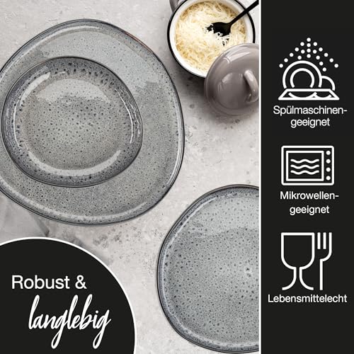 Moritz & Moritz ORGANIC 24-teiliges Geschirrset 6 Personen Grau - Elegantes Teller Set aus hochwertigem Steinzeug - Geschirr Set 6 Personen aus 6x Dinnerteller, Dessertteller, Suppenteller und Tassen