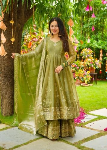 Image of Designer Heavy Crunchy Silk Anarkali Dress for Women | Fully Flared Embroidered Gown with Dupatta | Wedding