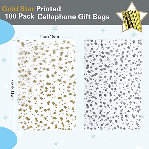 COQOFA 200 Pcs Star Printed 4"X 9" Gift Wrap Cello Cellophane Treat Bags Party Favor bags Clear Candy Cookie Bags Plastic Poly Goodie Storage Bags with Twist Ties for Bakery,Birthday, Wedding ,Party Decorations (Gold) — view 2