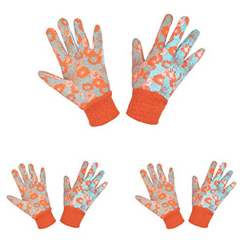 Women Gardening Gloves, 3 Pairs Ladies Soft Cotton Work Gloves, Floral Printing Jersey Garden Gloves With Pvc Grip Dots (Large, Orange 3 Pairs) #TOP19