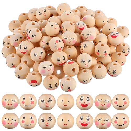 COHEALI 100pcs Wooden Beads with Face: 20mm Round Smiling Face Wood Spacer Beads for DIY Bracelet Necklace Jewelry Making Hair Crafts, 5 Styles