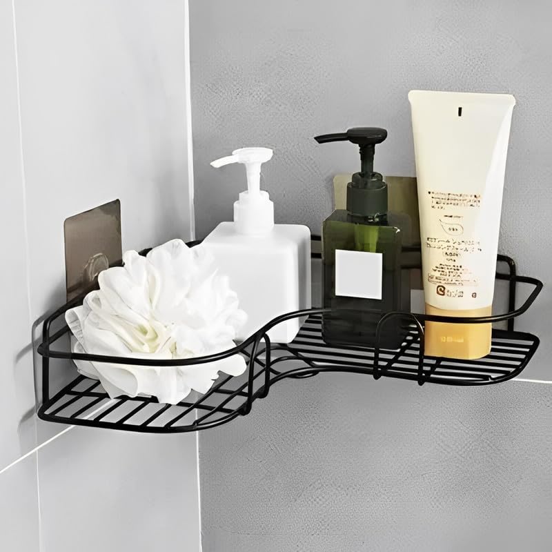 Image of Puno Steel Corner Wall Shelf - Self Adhesive Bathroom & Kitchen Rack, No Drill Rustproof Storage Organizer (Pack of 1 , Black)