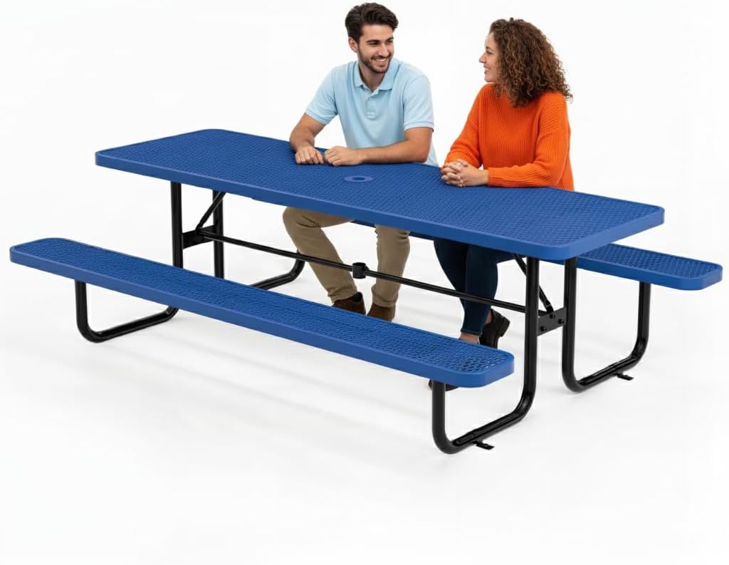 Commercial Heavy-Duty Metal Picnic Table - ADA Compliant, Adjustable Seats, Umbrella Hole, Expanded Metal (Blue, 8' Rectangular)