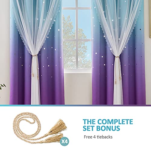 Stiio Star Cutout Curtains For Girls Bedroom 2 Panels, 2 In 1 Light Blocking Blackout Curtains With Sheer Grommet Window Drapes For Living Room Kids Room, W52 X L63 Inches, Blue Purple #TOP3