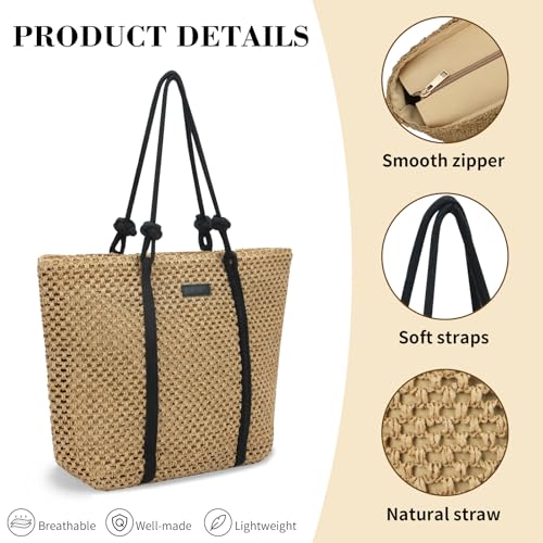 Image of MICOM Tote Bag-Beach Totes Bags for Women,Straw Bag,Straw Tote Bag,Totes Bags for Women, Lightweight Woven Beach Bag with Black Handles for Outdoor Travel