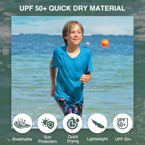 Kanu Surf Boys' Short Sleeve UPF 50+ Rashguard Swim Shirt, Solid Aqua, Small (8)