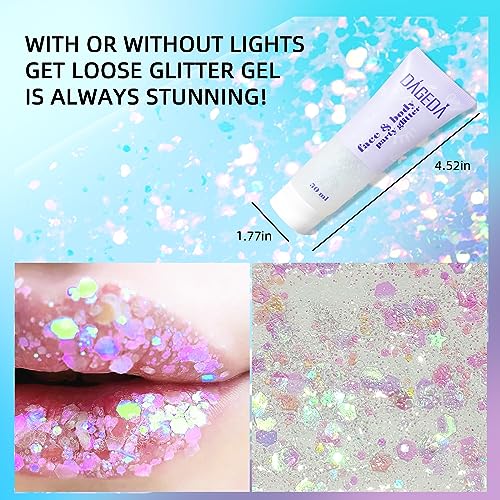 DAGEDA Body Glitter Gel, Face Glitter Body Gel Sequins Shimmer Liquid Eyeshadow, Chunky Glitter for Face Hair Nails, Holographic Cosmetic Laser Powder Festival Glitter Makeup 50ml(White) - Image 3