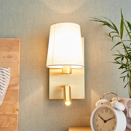 Lucande 12.1" Wall Sconce with Shade & Reading Light, White Fabric Wall Lamp for Bedroom, Gold Bedside Wall Light with LED Reading Light 3000K 205 lm, Dual Switch, E12 Max 10W Bulb Not Included