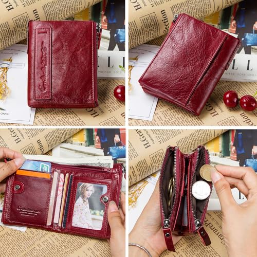 Image of CONTACTS Soft Leather Wallet for Women Small Bifold Coin Purse Double Zipper Card Holder with RFID Blocking (Red)