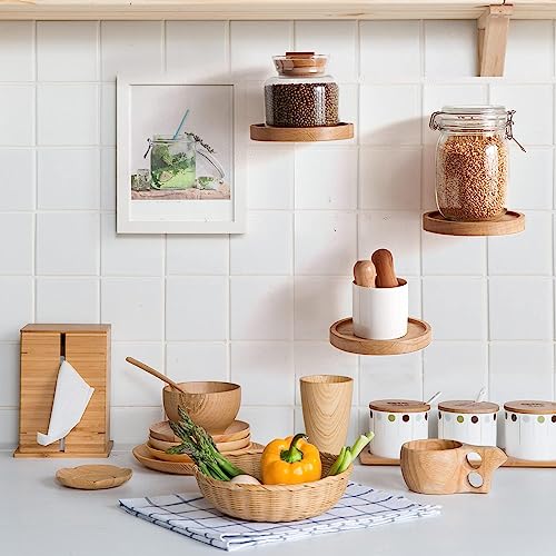 Image of UHUD CRAFTS Decorative Set of 3 Small Round Wooden Wall Shelves - Space-Saving Solid Wood Floating Shelves | Wooden Wall Mounted Plant Shelves for Home Decor