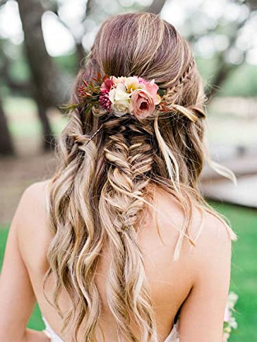 Latious Flower Bride Wedding Hair Comb White Floral Bridal Hair Clip Leaf Hair Piece Rose Hair Accessories For Women And Girls (Pink) #TOP19