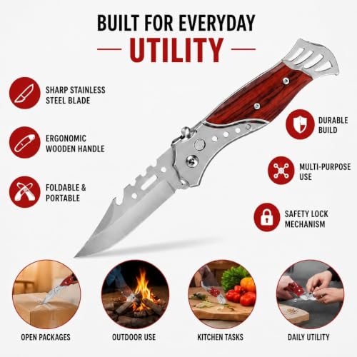 Image of Folding Utility Cutter, Stainless Steel Blade with Wooden Handle, Compact Folding Knife for Fruit & Vegetable Cutting, Package and Carton Opening