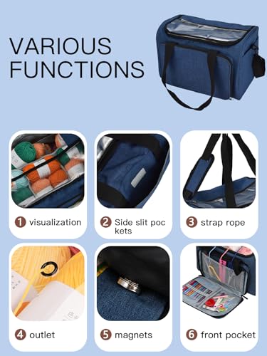 Image of Weabetfu Large Crochet Bag Knitting Bags and Totes Organizer Huge Yarn Bag Storage for Crocheting Knitter,Crochet Hooks,Knitting Needles Kit,Supplies,Yarn - Ideal Crochet & Knitting Gift(Blue)