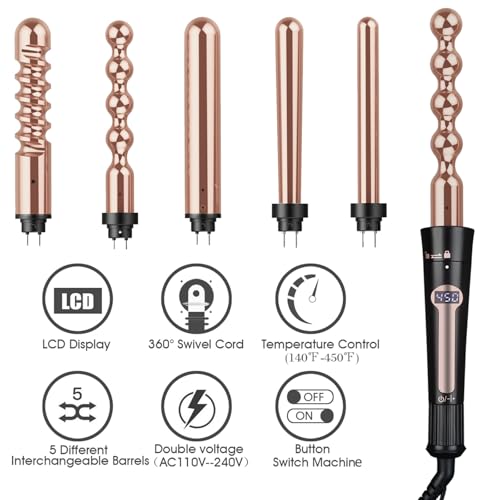 Image of Curling Iron, Curling Wand Set, 24k Gold Instant Heat Up Hair Curler with Interchangeable Tourmaline Ceramic Barrels, Adjustable Temperature