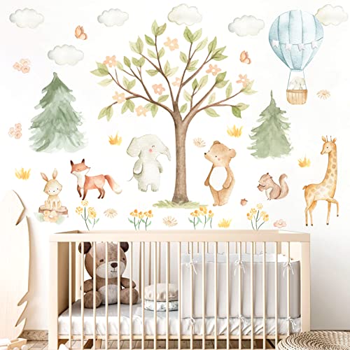 Watercolor Tree Animal Wall Stickers Forest Animals Wall Stickers Baby Room Decor Woodland Nursery Wall Decals Peel And Stick Cartoon Hot Air Balloon Animals Wall Stickers For Kids Room Playroom Decor #TOP2