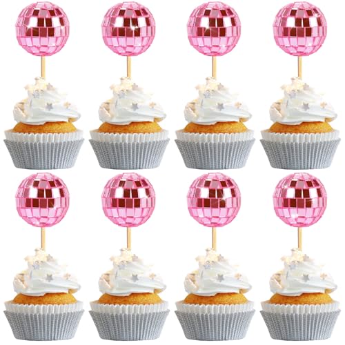 24 PCS Pink Disco Ball Cupcake Toppers, Mini Disco Ball Cake Deco...