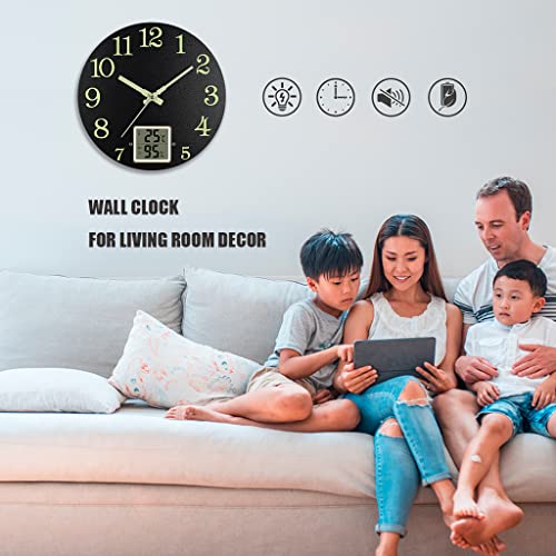 Heng Da Si 12Inch Silent Non-Ticking Luminous Wall Clocks, Glow In The Dark Wall Clock, With Temperature And Humidity, Battery Powered, Wall Clock For Bedroom Kitchen Living Room #TOP2