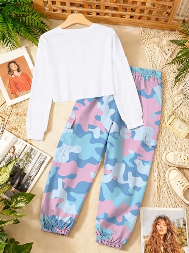 Image of Betusline Girls Fall Winter Clothing Sets, Long Sleeve Crop Top & Cargo Jogger Pants 2 Piece Outfit Sets,4T-14Y