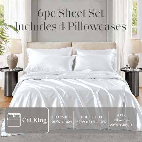 Image of Madison Park Essentials Satin Sheets Cal King Size Bed Set, 6 Piece, White | Luxury and Smooth Silky Bedding with Natural Sheen, All Around Elastic 14 inch Pocket fits up to 16 inch Mattress, Year-Round Cozy