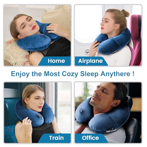 Image of Keemall Inflatable Travel Neck Pillow for Airplane to Relieve Neck Pain | Comfortable U-Shaped Head &Neck Rest with Soft Plush Cover, Great for Long Flights, Car, Train, Office & Home Naps