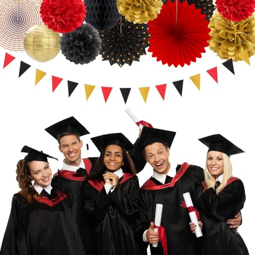 Image of Red-Black Gold Casino Theme Party-Decorations - 20pcs Game Night Paper Lanterns Fans,Tissue Pom Poms,Honeycomb Balls,Bunting,Birthday Graduation Wedding Bridal Baby Shower Decor Burgleda