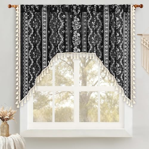 Image of Yinhua Boho Swag Valance Curtains Vintage Linen Valances for Windows Light Filtering Floral Kitchen Valance Rod Pocket Rustic Tassel Window Valances for Bathroom Cafe, 60 inch W x 36 inch L, Black