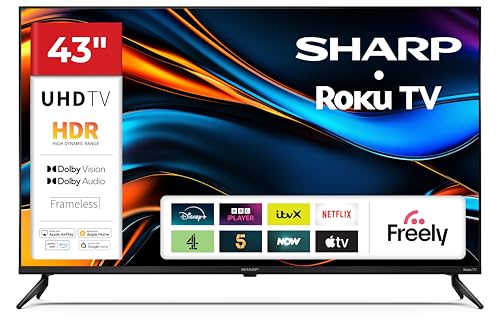 Sharp 43-inch 4K Ultra HD Frameless LED Roku Smart TV – Dolby Vision HDR, Freely, AV1, HDMI 2.1 (eARC), Smart Roku TV Platform – 43HJ4325K (HJ Series)