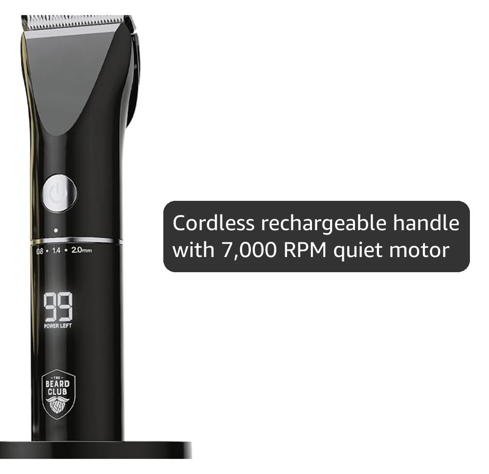 The Beard Club Beard Trimmer for Men - Electric Cordless Rechargeable Beard & Hair Trimmer - High Power 7000 RPM - 8 Color Guides 45 Unique Trim Lengths - Travel Lock