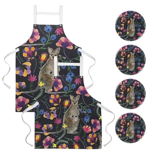 Lot de 2 tabliers de cuisine avec 4 broches à motif Fleur de kangourou