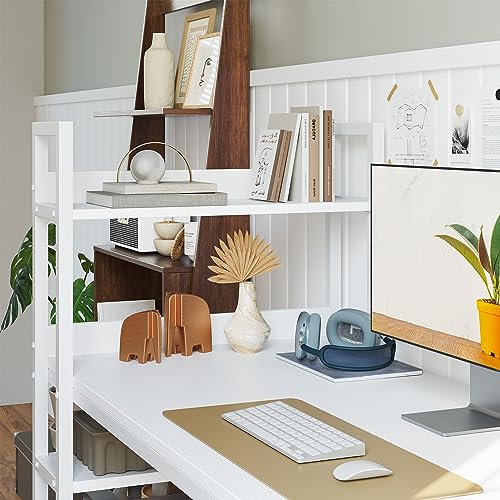 CubiCubi Schreibtisch, 100 x 50cm Groß Computertisch mit Regal rechts oder Links, Pc Gaming Tisch, Bürotisch fürs Büro Wohnzimmer, Stabil Stahlgestell schreibtische, Weiß/Weiß
