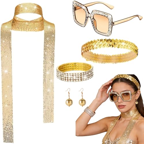 DTAOZFA Accessoires disco des années 70, bandeau brillant, costume disco pour femme, accessoires discothèques, lunettes en strass, écouteurs, bracelets et écharpes...