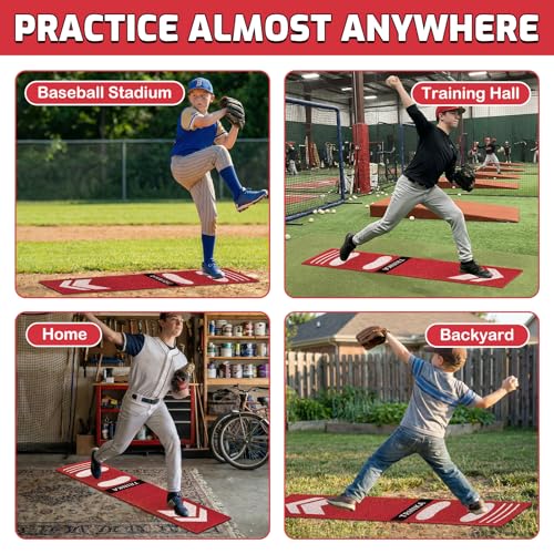 Softball Pitching Mat, 63 x 14 in Softball Baseball Trainer Practice Mat for Indoor and Outdoor, Beginner Correct Batting Standing Posture Practice Training Tool (Red)