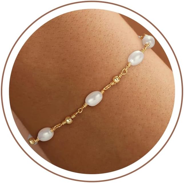 SLOONG Gold Pearl Bracelets, 18K Real Gold Plated Dainty Stackable Snake Chain CZ Heart Pendant Bracelets, Layered Waterproof Jewelry Gift for Women Adjustable 6″+2″