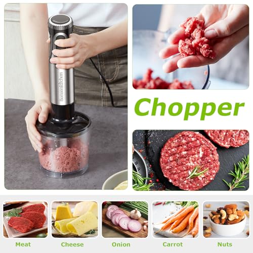 Bonsenkitchen Stainless Steel Hand Blender, 4-in-1 Stick Blender 1000W, 20 Speed Adjustable, with Whisk, 500ml Chopper and 700ml Measuring Cup, Food Processor (HB3203) - Image 6