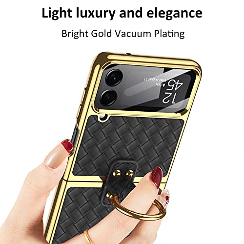 For Z Flip4 5G 2022 Case 360°With Ring Luxury Electroplated Pu Leather Cover Compatible With Samsung Galaxy Z Flip 4 5G Case Built-In Screen Protector Camera Phone Case (Black) #TOP1