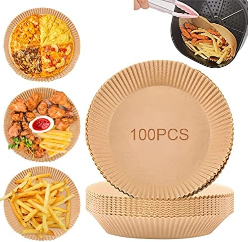 Air Fryer Liners Disposable Paper Liner 7.87in 100pcs Natural Round Baking Paper Anti-Stick Waterproof Greaseproof Sheets Cooking Oil Paper Parchment Paper for Air Fryer Steamer Microwave Oven