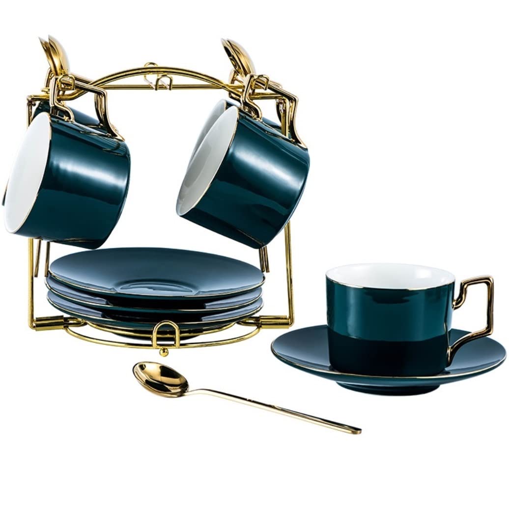 DANNMPX Tea Set Tea Cup Set Cups And Saucers With Metal Holder Gold Trim Simple Ceramic Coffee For Home Teapot And Cups(Grün,13 Pieces)