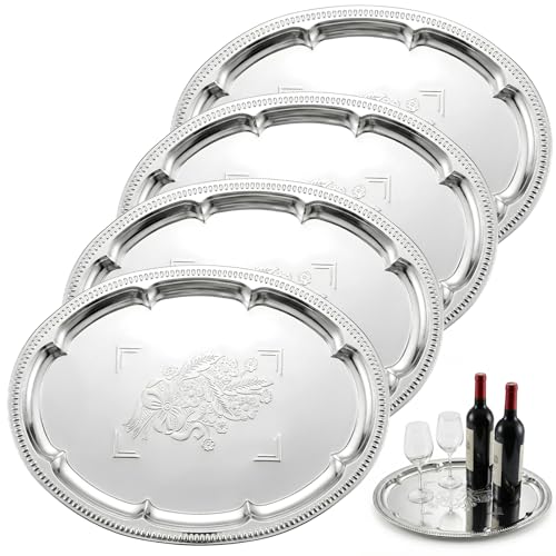 IMengjbang 4 Pack 15.7" x 11.8" Large Silver Serving Trays Set, Elegant Floral Engraved Mirror Metal Plate Party Decorative Platters for Cookies Charcuterie Desserts Fruit Food Display(Oval)