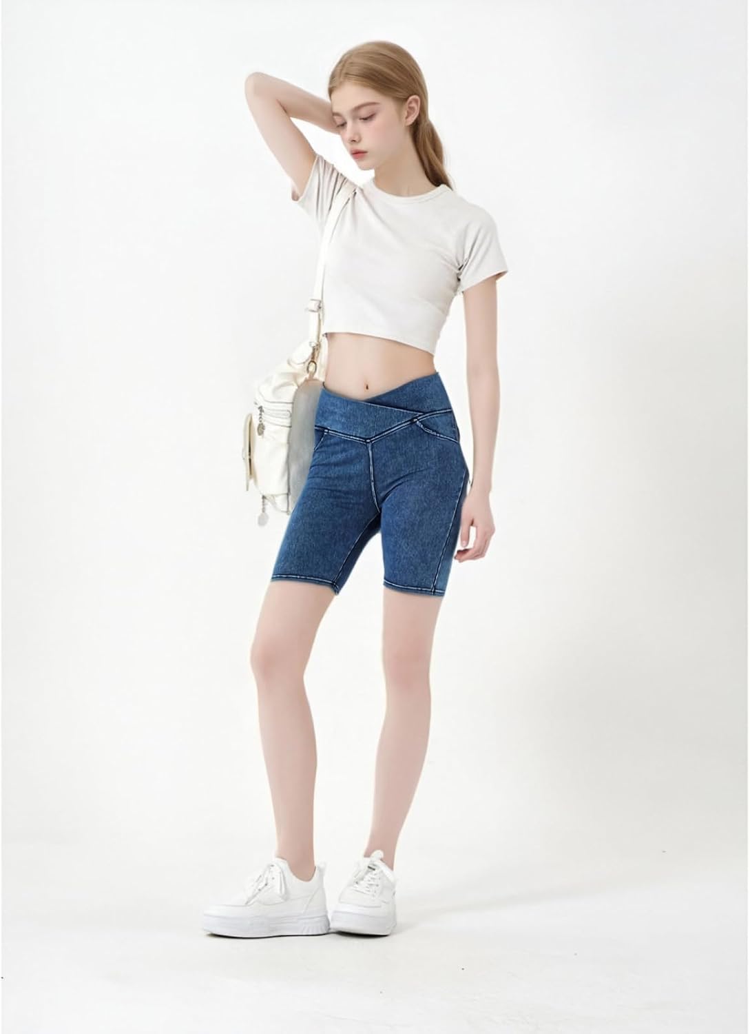 Girls Biker Shorts Crossover High Waist Jean Shorts Summer Bermuda Denim Pants with Pockets